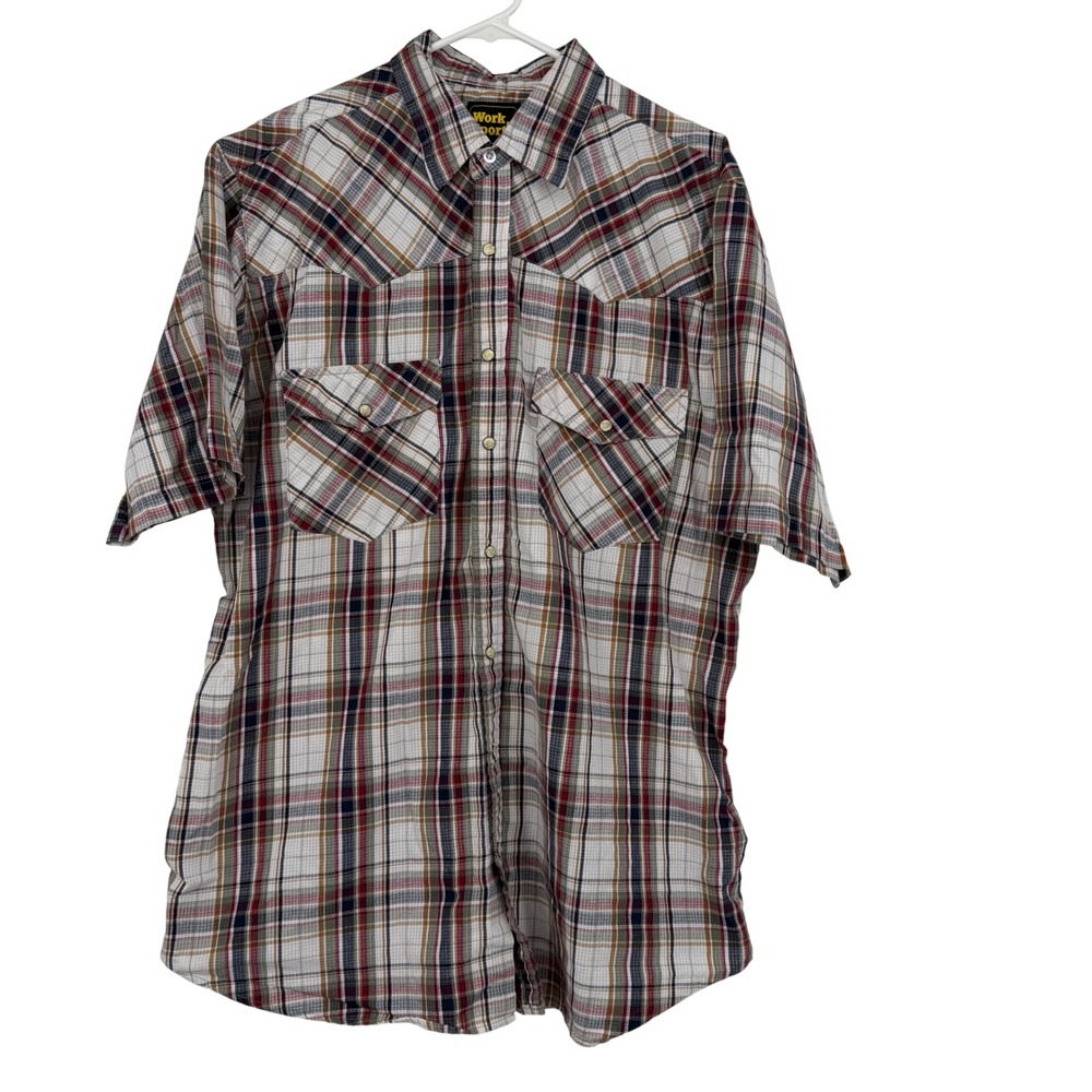 Work‎ n Sport Mens LT Plaid Western Pearl Snap Short Sleeve Shirt Red Navy Tan